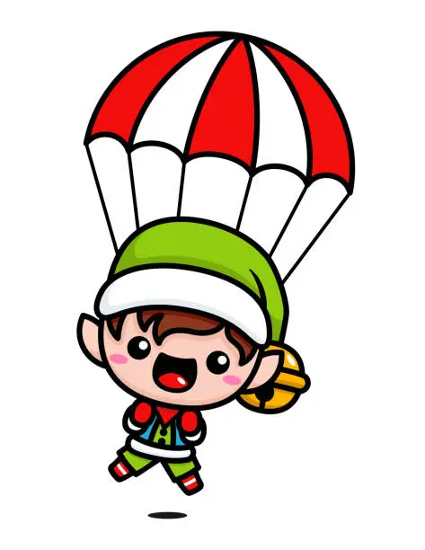 Vector illustration of Cute And Kawaii Christmas Elf With Parachute