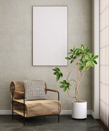 Blank large white photo poster wood frame on polished cement wall living room, retro rattan armchair and tree in sunlight from shoji window for art, mural, painting template background 3D