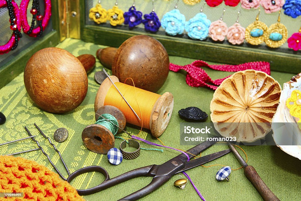 Sewing art Handmade jewelry made from a variety of craft fabrics Art Stock Photo