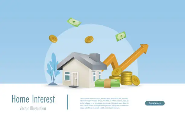 Vector illustration of Home loan, mortgage loan interest rate with growth graph. Increasing of interest rates or home price. Real estate and property investment. Vector.