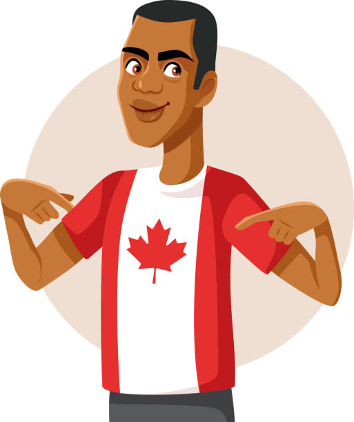 illustrazioni stock, clip art, cartoni animati e icone di tendenza di uomo che indossa la bandiera canadese sul suo personaggio vettoriale della maglietta - canadian flag canadian culture canada people
