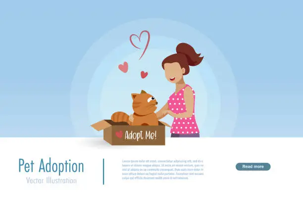 Vector illustration of Pet adoption. Woman adopt ginger cat from paper box. Vector.