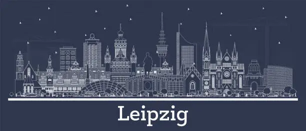 Vector illustration of Outline Leipzig Germany city skyline with white buildings. Business travel and tourism concept with historic architecture. Leipzig cityscape with landmarks.