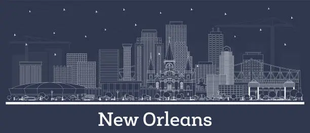 Vector illustration of Outline New Orleans Louisiana city skyline with white buildings. Business travel and tourism concept with historic architecture. New Orleans cityscape with landmarks.