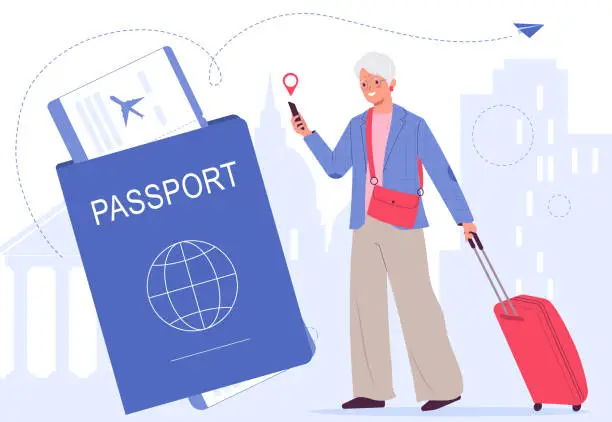 Vector illustration of Active older woman traveling, abroad Voyage. Gray-haired woman holding luggage. Elderly people traveling concept. Passport and plane tickets.