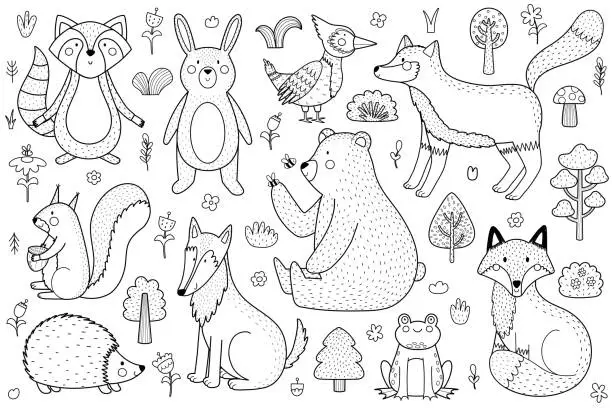 Vector illustration of Cute forest animals black and white collection. Woodland characters set