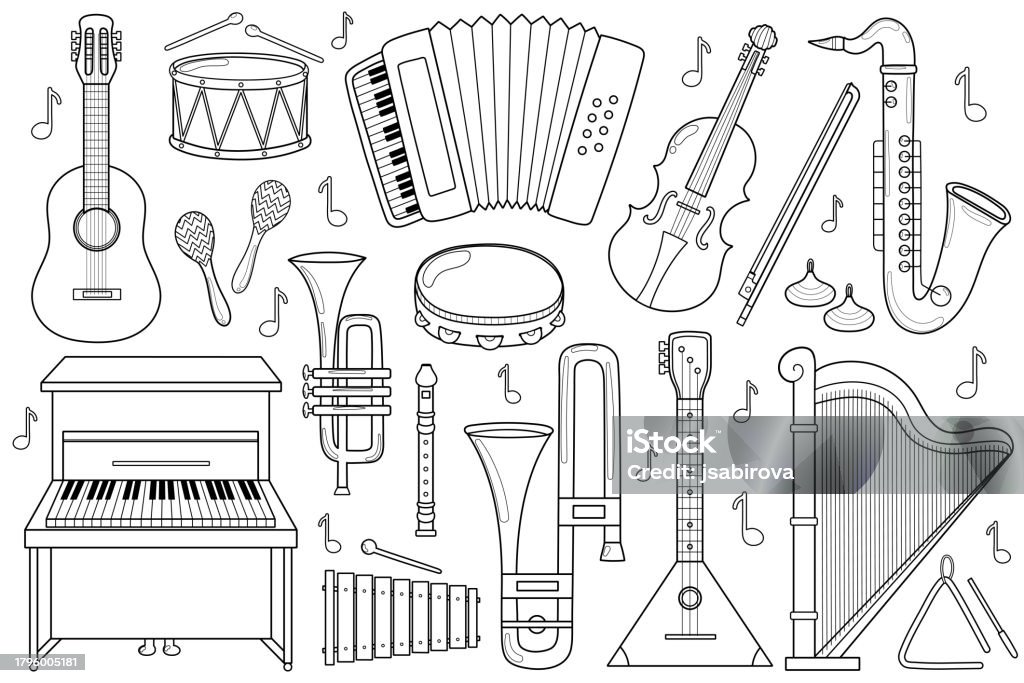 Black Instruments Color Musical Instruments Black And White Set Collection With Doodle Music ...