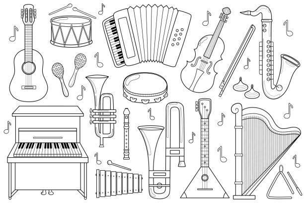 Musical instruments black and white set. Collection with doodle music elements Musical instruments black and white set. Collection with doodle music elements in outline. Great for coloring page. Vector illustration flute musical instrument stock illustrations