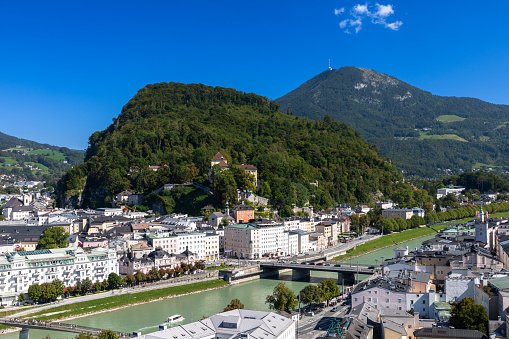 Panoramic view of Salzburg's old town from the Kapuzinerberg (public place) in summer