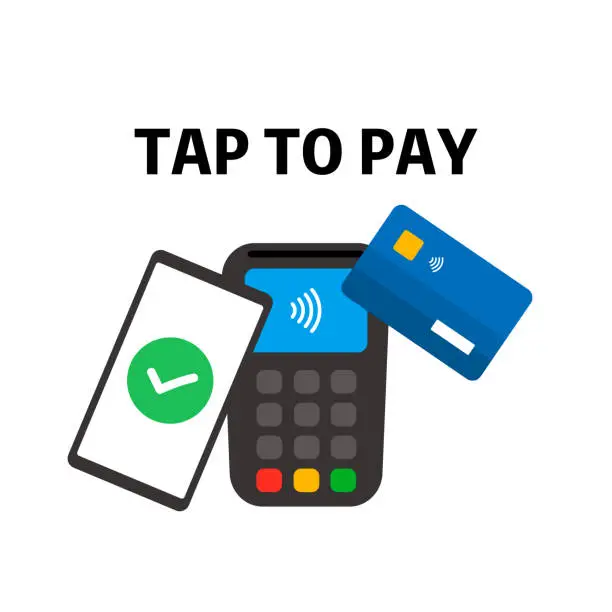 Vector illustration of Tap to Pay. Contactless Payment. Smartphone. Credit Card.