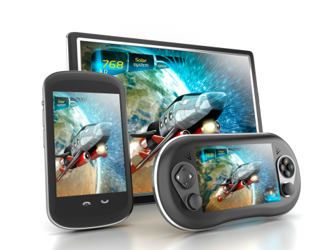 Tablet PC, smartphone and handheld console with a cross-platform video game screens.