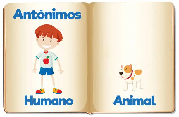 Vector illustration of Education Antonyms: Human and Animal in Spanish Language