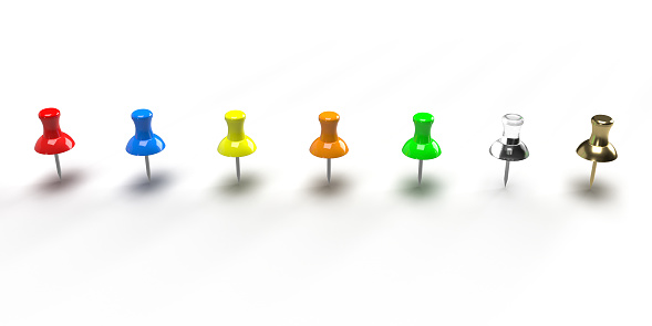 Set of 3d push pins rendering in different colors ,paper pines, Stationery items,  Colorful pushpin