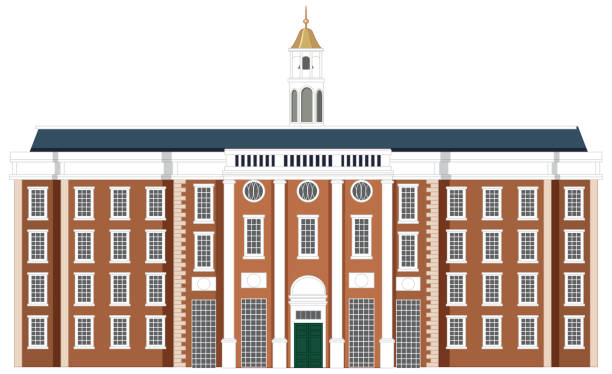 Harvard Hall and University Buildings in Vector Cartoon Style A vibrant vector cartoon illustration of Harvard Hall and other university buildings harvard stock illustrations