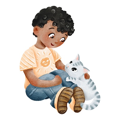 istock The boy strokes the cat. African American teenager is sitting with his pet. Cute dark-skinned kid is talking to his striped kitty. Love for animals. Friendship. Watercolor isolated illustration 1796054562