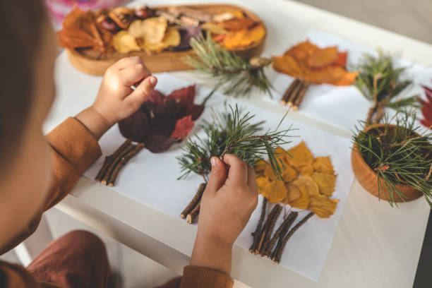 istock Children's creativity, child's study of natural materials, application top view 1796077217