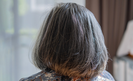 Back view of senior mature middle aged older Asian lady with short gray natural coloring vibrant silky hair. Close up. Hairstyle.