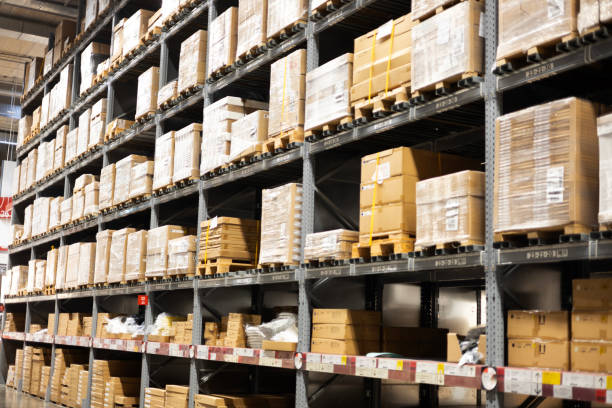 istock Interior Of Warehouse. Rows Of Shelves With Boxes. 1796111374