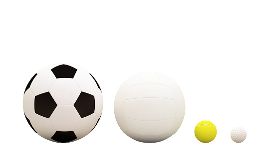 3d soccer balls, volleyballs, tennis balls and golf balls. on white background with clipping path