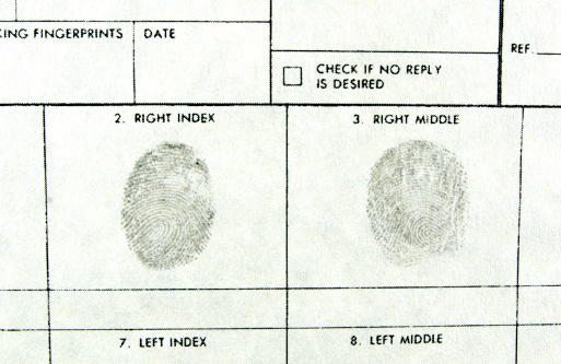 Police form with suspect's fingerprints. Close-up