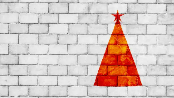 Vector illustration of Vector illustration of a creative solid red orange blotched smudged Christmas tree as  a triangle painted like graffiti over gray white brick wall Xmas backgrounds