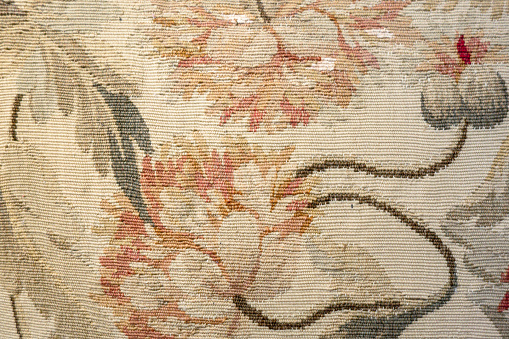 Ancient medieval french tapestry detail. Macro view