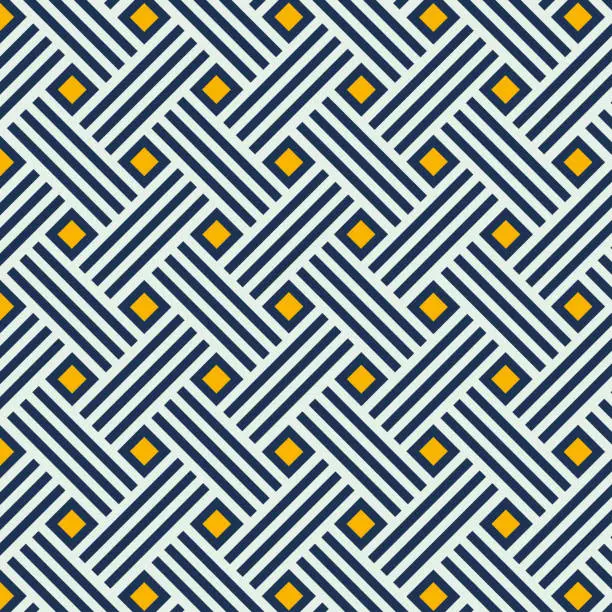 Vector illustration of Abstract geometric seamless pattern with lines and square shapes in dark blue and yellow on white backgrounds.