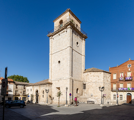 Peñafiel, Spain - October 12, 2023: details of the buildings of the historic center in the city of Peñafiel, Valladolid, Spain