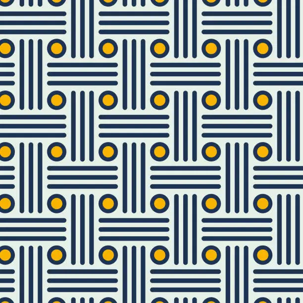 Vector illustration of Abstract geometric seamless pattern with lines and circle shapes in dark blue and yellow on white backgrounds.