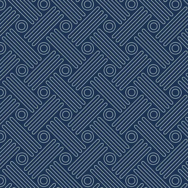 Vector illustration of Abstract geometric seamless pattern with white lines and circle shapes on dark blue backgrounds.