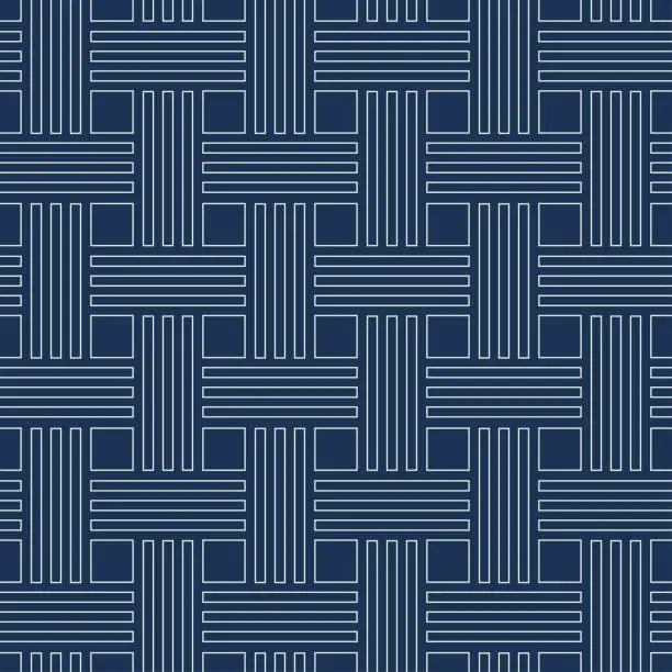 Vector illustration of Abstract geometric seamless pattern with white lines and square shapes on dark blue backgrounds.