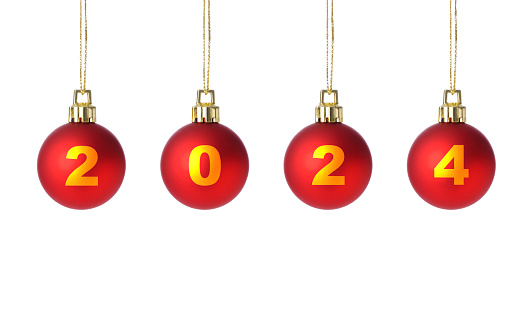 Close-up of hanging four red Christmas ornaments with 2024 written on it, against white background.
