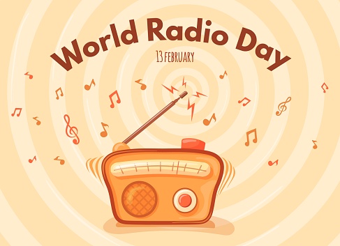 Radio day. World international holiday fm broadcast concept, funky disco party creative idea art music banner, retro voice communication old radios symbol, neat vector illustration