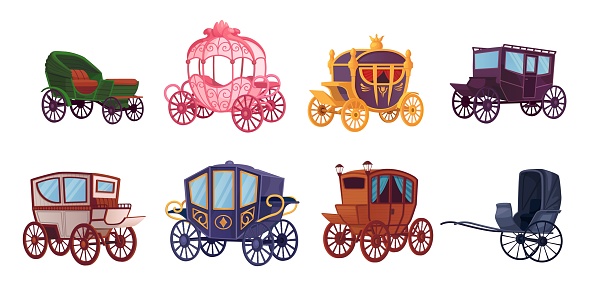 Cartoon vintage carriages. Carriage cargo wagon or royal luxury coaches, ancient cart horse victorian king chariot magic fairytale coach for princess, ingenious vector illustration