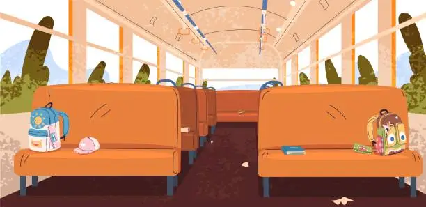 Vector illustration of School bus interior. Aisle seat inside empty autobus, public transport cartoon interior for backpacker travel in europe or children road transportation, classy vector illustration