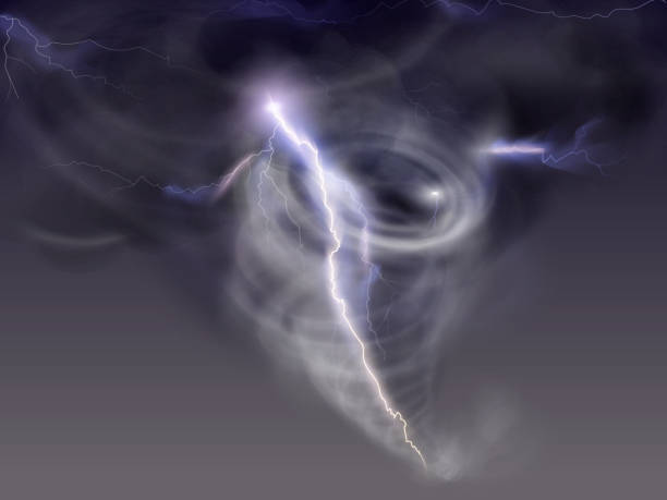 istock Realistic tornado with lightning. Storm cyclone, twist wind destruction hurricane in sky clouds, smoke funnel nature thunderstorm gale whirlpool, twister exact vector illustration 1796203048
