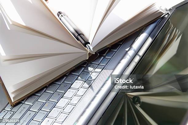 Computer With Notebook And A Pen Stock Photo - Download Image Now - Advice, Ballpoint Pen, Black Color