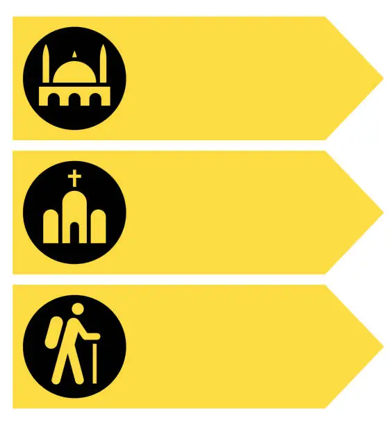 Vector illustration of Signboard set on road for pointing direction. Signpost to church, mosque and hiking trail. Landmark - arrow boards