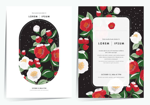 istock Vector Illustration of Floral Frame Set with Snowfall on Fully Bloomed Camellia Branches 1796225697