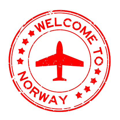 Grunge red welcome to norway word with plane icon round rubber seal stamp on white background