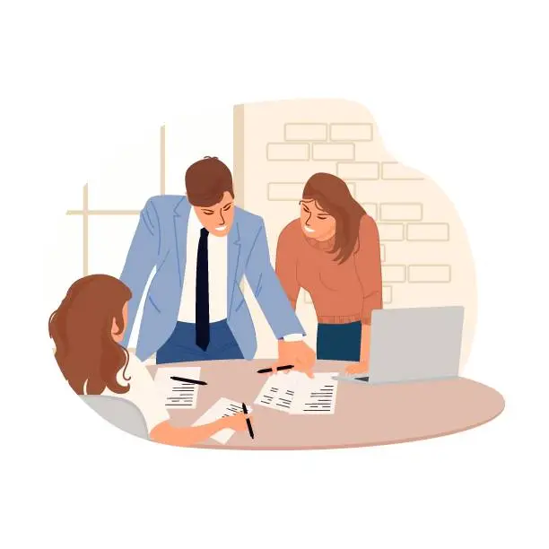 Vector illustration of Project Discussion. Work in the office.Isolated illustration on the theme of business in the office, teamwork. Vector illustration in flat style.