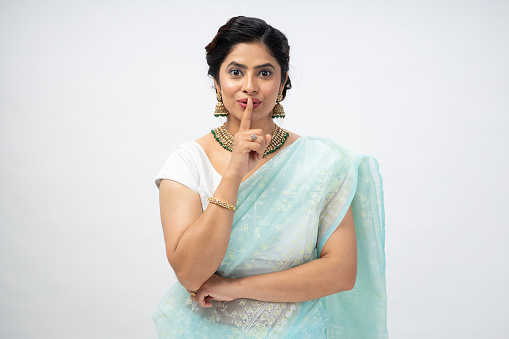 Portrait of young woman isolate white background