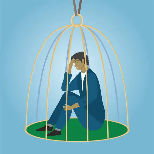 Vector illustration of Sad man, boy captured in cage. Vector illustration.