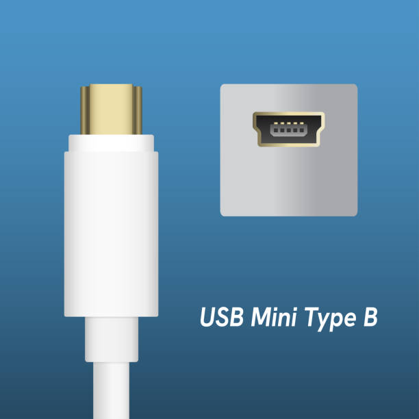 mini usb typu b super szybki wtyki i gniazdo izolowane na niebieskim tle. odc. 10 - ipad iphone isolated ipad mini stock illustrations