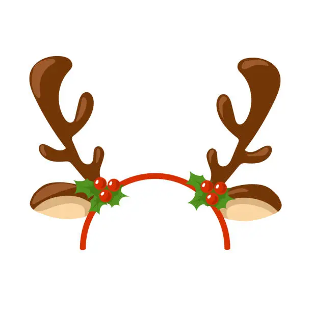 Vector illustration of Christmas hair band with elk horns, ears and holly berries. Funny headdress for a party, festival, carnival, holiday. Cartoon style. Attribute of costume. Vector isolated.