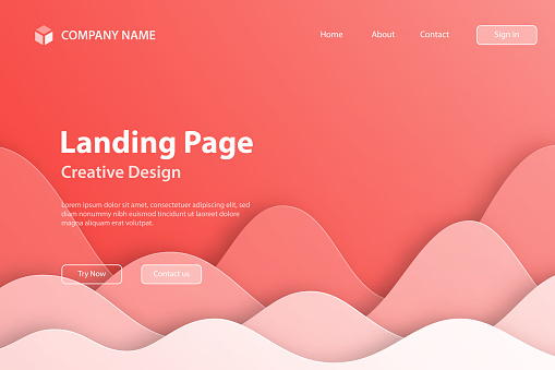 Landing page template for your website. Modern and trendy background. Fluid abstract design with wave shapes and beautiful color gradient in a paper cut style. This illustration can be used for your design, with space for your text (colors used: White, Beige, Pink, Orange, Red). Vector Illustration (EPS file, well layered and grouped), wide format (3:2). Easy to edit, manipulate, resize or colorize. Vector and Jpeg file of different sizes.
