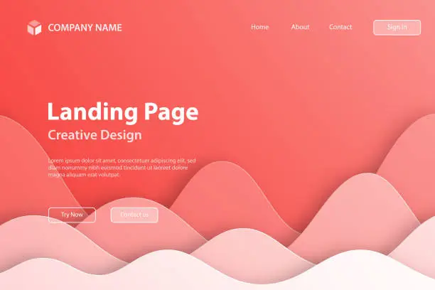 Vector illustration of Landing page Template - Red abstract wave shapes - Trendy paper cut background