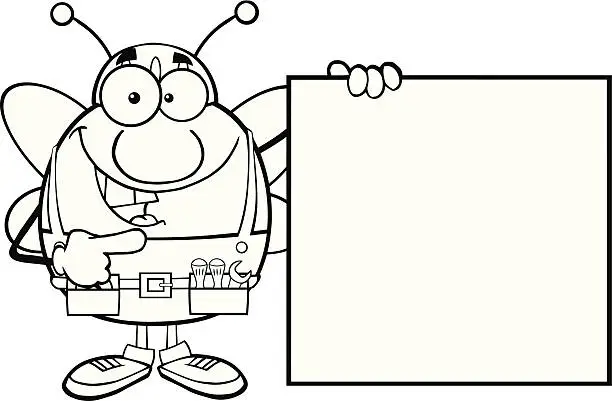 Vector illustration of Black and White Pudgy Bee Worker Showing A Blank Sign