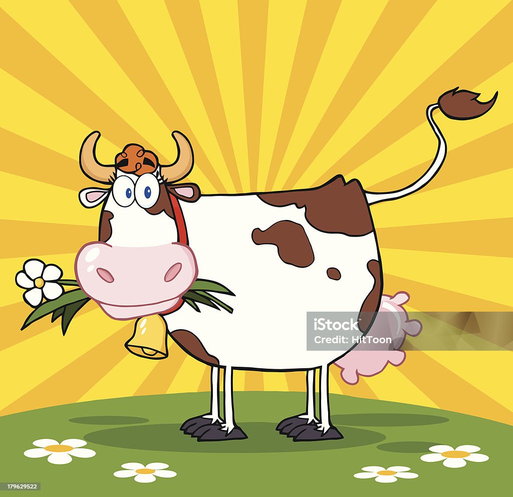 Vaca com uma flor na boca em um Prado e Sunburst - Royalty-free Gado doméstico arte vetorial