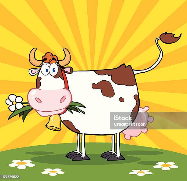 Vaca Com Uma Flor Na Boca Em Um Prado E Sunburst - Arte vetorial de stock e mais imagens de Gado doméstico - Gado doméstico, Vaca, Humor